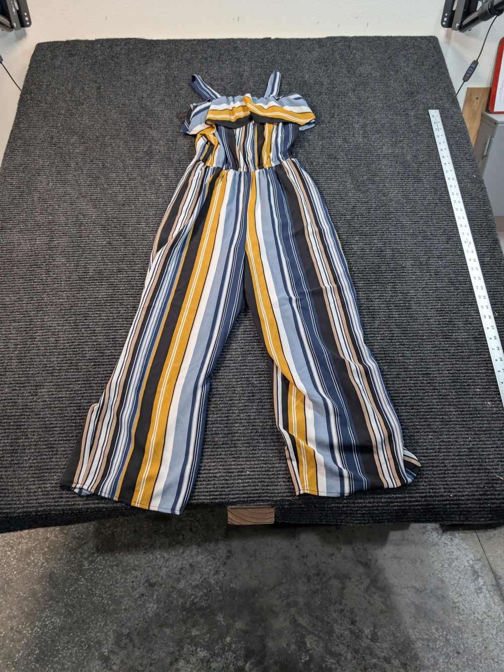 Retro Striped Cold Shoulder Wide Leg Jumpsuit Mustard Blue